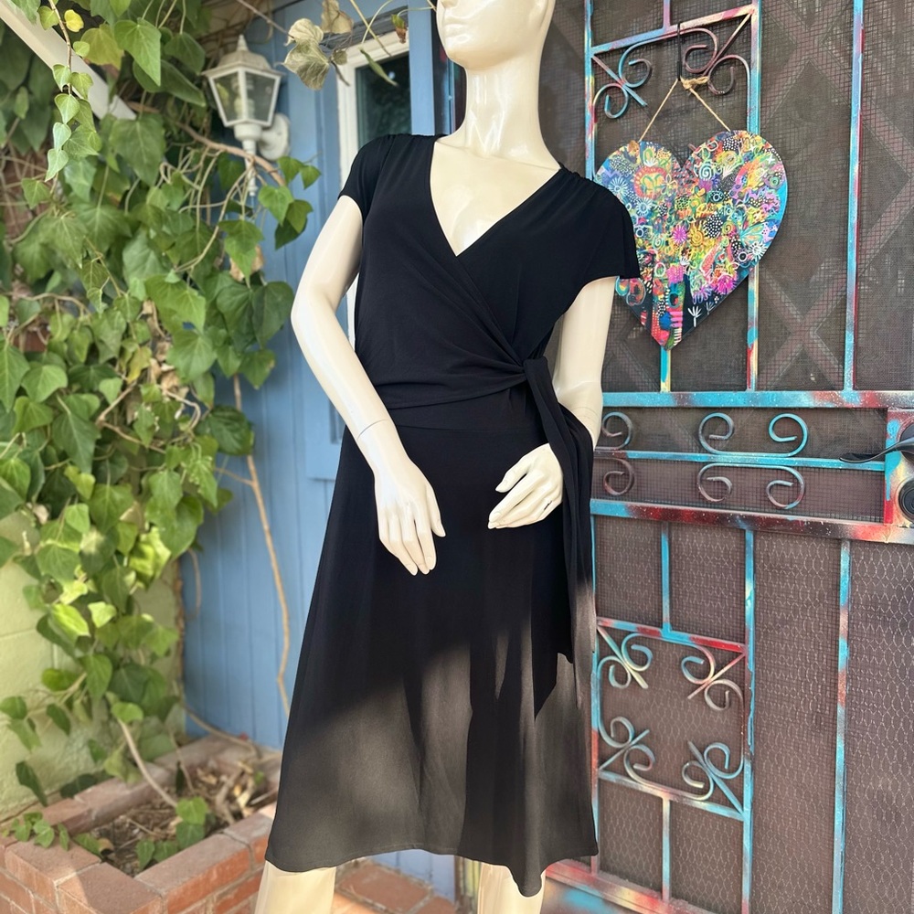 Liz & Co Black Wrap V-Neck A-Line Midi Dress